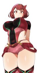 Rule 34 | 1girl, absurdres, arms behind back, breasts, brown eyes, covered erect nipples, covered navel, cropped legs, highres, large breasts, light blush, looking at viewer, looking down, monkey jon, pyra (xenoblade), red hair, shiny skin, short hair, short shorts, shorts, simple background, solo, thighhighs, thighs, tiara, white background, xenoblade chronicles (series), xenoblade chronicles 2