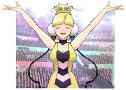 Rule 34 | 1girl, arms up, bare arms, bare shoulders, blonde hair, blue eyes, breasts, cable, choker, cleavage, closed eyes, creatures (company), dress, elesa (pokemon), game freak, gen 5 pokemon, headphones, joltik, medium breasts, nark, nintendo, on head, outstretched arms, pokemon, pokemon (creature), pokemon bw, pokemon on head, sleeveless, sleeveless dress, smile, stadium, upper body, yellow dress