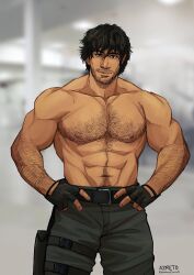 Rule 34 | 1boy, abs, azreto, bara, beard, beard stubble, black hair, brown hair, carlos oliveira, chest hair, collaboration, facial hair, fingerless gloves, gloves, highres, large pectorals, looking at viewer, male focus, mature male, muscular, muscular male, mustache stubble, navel, navel hair, nipples, pectorals, petrichorcrown, resident evil, short hair, smile, solo, stomach, strongman waist, stubble, thick eyebrows, topless male