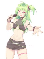 Rule 34 | 1girl, absurdres, alternate hairstyle, black skirt, breasts, clothing cutout, delutaya, earrings, green hair, highres, holding, holding microphone, indie virtual youtuber, jewelry, long hair, looking at viewer, microphone, navel, open mouth, red eyes, short sidetail, side ponytail, skirt, small breasts, solo, takkikun, transparent background, triangle earrings, underboob cutout, virtual youtuber, white background