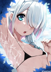 Rule 34 | 1girl, :o, absurdres, arm up, armpits, arona (blue archive), bikini, black bikini, blue archive, blue eyes, blue flower, blue hair, blush, braid, breasts, collarbone, cum, cum on armpit, cum on body, day, flower, hair over one eye, hetero, highres, long hair, looking at viewer, multicolored hair, open mouth, outdoors, pink hair, side braid, small breasts, solo, swimsuit, tomodachi (tomofanart), twitter username, two-tone hair, upper body, wet
