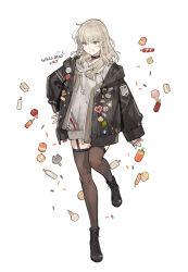 Rule 34 | 1girl, black choker, black footwear, black jacket, black thighhighs, boots, candy, choker, commentary, cookie, copyright name, drawstring, english commentary, food, full body, garter straps, girls band cry, grey eyes, grey hoodie, grin, hood, hoodie, ice cream, ice cream cone, ice cream sandwich, jacket, jewelry, kawaragi momoka, light brown hair, long hair, looking at viewer, necklace, open clothes, open jacket, open mouth, popsicle, simple background, skindentation, smile, solo, standing, standing on one leg, starshadowmagician, thighhighs, white background