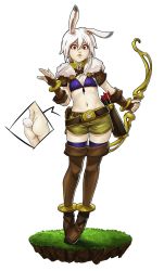 Rule 34 | 1girl, animal ears, arrow (projectile), ass, belt, boots, bow (weapon), bra, breasts, brown belt, brown footwear, brown gloves, brown shorts, cleavage, collar, commentary, contrapposto, cropped jacket, d-rex, full body, fur collar, gloves, hair between eyes, holding, looking at viewer, navel, original, purple bra, purple legwear, quiver, rabbit ears, rabbit pin, rabbit tail, red eyes, short hair, short shorts, shorts, small breasts, solo, standing, stomach, tail, thigh boots, thighhighs, transparent background, underwear, weapon, white hair, yellow collar