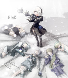 Rule 34 | 2010, 2b (nier:automata), 3boys, 3girls, android, bandages, blindfold, blindfold slip, bracer, braid, breasts, brother and sister, brown hair, cleavage, cleavage cutout, clothing cutout, copyright name, d.gray-man, dress, emil (nier), father and daughter, flower, gloves, hair flower, hair ornament, highres, in-franchise crossover, juliet sleeves, kaine (nier), long sleeves, lying, multiple boys, multiple girls, nier, nier:automata, nier (old), nier (series), nier (young), pale skin, puffy sleeves, sash, seasolt, short hair, shorts, siblings, snow, snowing, time paradox, yonah
