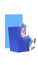 Rule 34 | 1girl, ahoge, blue hair, blue skirt, couch, covered mouth, curled horns, dinosaur girl, horns, long hair, looking at viewer, mask, mouth mask, multicolored hair, on couch, one piece, pink eyes, pink hair, pink mask, raine (acke2445), red footwear, shirt, sitting, skirt, slippers, solo, streaked hair, ulti (one piece), white shirt