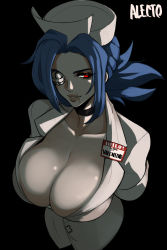 Rule 34 | 1girl, alecto 0, black background, blue hair, breasts, choker, cleavage, eyepatch, hat, highres, huge breasts, name tag, nurse cap, pale skin, ponytail, red eyes, scar, scar on face, scarf, scarf over mouth, skullgirls, smile, solo, valentine (skullgirls)