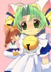 Rule 34 | 2girls, animal ears, animal hat, apron, bell, bow, brown eyes, brown hair, cat ears, cat hat, commentary request, dejiko, di gi charat, dress, gloves, green eyes, green hair, hair bell, hair ornament, hat, highres, jingle bell, long hair, mini person, minigirl, multiple girls, open mouth, puchiko, school uniform, short hair, short sleeves, smile, twintails, washi (user djjg3532)