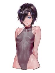 Rule 34 | 1girl, alternate breast size, arms behind back, bare shoulders, black hair, blue eyes, breasts, closed mouth, cropped legs, hair over one eye, halterneck, highleg, highleg leotard, hip focus, leotard, lie-on, looking at viewer, original, short hair, shuichi wada, simple background, sketch, small breasts, solo, turtleneck, white background