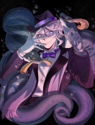 Rule 34 | 1boy, azul ashengrotto, blue eyes, bombyoon, bow, bowtie, collared shirt, grey-framed eyewear, grey hair, highres, long sleeves, looking at viewer, male focus, mole, mole under mouth, purple bow, purple bowtie, purple hair, shirt, short hair, single sidelock, smile, twisted wonderland, white shirt