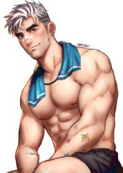 Rule 34 | 1boy, abs, arm tattoo, bandaid, bandaid on face, bandaid on nose, bara, beard, black shorts, brown eyes, closed mouth, earrings, facial hair, greenteaa, highres, jewelry, large pectorals, looking at viewer, male focus, multiple earrings, muscular, muscular male, navel, nipples, original, pectorals, short hair, shorts, silver hair, sitting, smile, solo, tattoo, towel, towel around neck, undercut