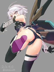 Rule 34 | 1girl, ahoge, ass, bandages, bare shoulders, black panties, black thighhighs, blush, boots, butt crack, dobunezumi, fate/apocrypha, fate/grand order, fate (series), from behind, gloves, grey eyes, highres, jack the ripper (fate/apocrypha), looking at viewer, looking back, panties, scar, short hair, silver hair, solo, thighhighs, underwear, weapon