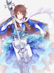 Rule 34 | 10s, 1boy, boots, bow (music), brown eyes, brown footwear, brown hair, cape, elta (granblue fantasy), full body, granblue fantasy, instrument, looking at viewer, male focus, music, musical note, playing instrument, scarf, shim@, smile, solo, white scarf