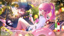 Rule 34 | 1girl, aerial fireworks, alternate costume, artist name, bottle, champagne bottle, character name, cocktail, copyright name, cup, death-sensei (mori calliope), denim, denim shorts, drink, drinking glass, fireworks, hammock, happy anniversary, highres, holding, holding drink, hololive, hololive english, looking at viewer, mori calliope, namiey, palm tree, pink eyes, pink hair, ponytail, shirt, shorts, tree, virtual youtuber, white shirt, wine bottle, wine glass