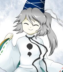 Rule 34 | 1girl, ^ ^, blue hat, closed eyes, closed mouth, grey hair, hair between eyes, hat, japanese clothes, kariginu, long hair, long sleeves, mononobe no futo, nonamejd, official style, ribbon-trimmed sleeves, ribbon trim, side ponytail, smile, solo, tate eboshi, touhou, wide sleeves, zun (style)