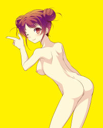 Rule 34 | 1girl, ass, atlus, back, bad id, bad pixiv id, bent over, blush, breasts, double bun, hair bun, highres, kujikawa rise, large breasts, nipples, nude, one eye closed, persona, persona 4, red eyes, red hair, simple background, smile, solo, wink, yellow background, yumegi (mg.)
