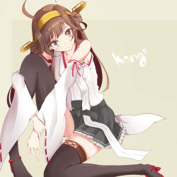 Rule 34 | 10s, 1girl, ahoge, bad id, bad pixiv id, bare shoulders, black thighhighs, blush, brown eyes, brown hair, character name, detached sleeves, double bun, hair bun, hairband, head tilt, kantai collection, kongou (kancolle), long hair, looking at viewer, nontraditional miko, pleated skirt, ribbon-trimmed sleeves, ribbon trim, shirt, sitting, skirt, smile, solo, suu2510, thighhighs