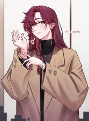 Rule 34 | 1girl, alternate costume, black shirt, brown coat, brown hair, closed mouth, coat, commentary, dyadyadya, earrings, eden (honkai impact), english commentary, hickey, highres, honkai (series), honkai impact 3rd, jewelry, light blush, long hair, open hand, ring, shirt, simple background, solo, trench coat, twitter username, upper body, watch, white background, wristwatch, yellow eyes