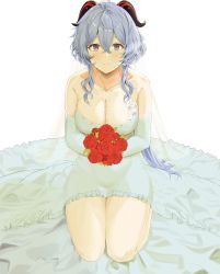 Rule 34 | absurdres, ahoge, altruwishm, blue hair, blush, breasts, cleavage, collarbone, curled horns, dress, elbow gloves, flower, ganyu (genshin impact), genshin impact, gloves, highres, holding, holding flower, horns, large breasts, long hair, looking at viewer, red flower, rose, seiza, sidelocks, sitting, smile, solo, wedding dress, white background, white dress, white gloves