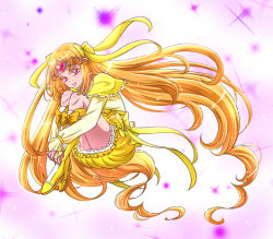 Rule 34 | 10s, 1girl, boots, bow, bubble skirt, circlet, cure muse, cure muse (yellow), frills, full body, hair bow, heart, hyuuga (gekkazake), knee boots, knees to chest, long hair, looking at viewer, magical girl, orange hair, pink eyes, precure, purple background, shirabe ako, skirt, smile, solo, suite precure, yellow bow, yellow footwear, yellow skirt