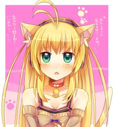 Rule 34 | 1girl, animal ears, antenna hair, bad id, bad nicoseiga id, bare shoulders, bell, blonde hair, blush, cat ears, cat girl, cat tail, collar, fang, female focus, green eyes, headphones, long hair, looking at viewer, moe on drop, neck bell, open mouth, paw print, ribbon, solo, tail, text focus, translated, tsukuyomi ai, upper body, vocaloid, voiceroid