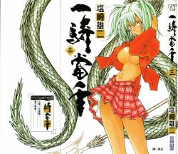 Rule 34 | 00s, 1girl, adjusting hair, blazer, breasts, comic, cover, crease, dragon, green eyes, green hair, highres, ikkitousen, jacket, lace, large breasts, matching hair/eyes, narrow waist, navel, no bra, official art, open clothes, open shirt, plaid, plaid skirt, pleated skirt, polearm, ryofu housen, scan, school uniform, shiozaki yuji, shirt, short twintails, skirt, smile, solo, standing, tan, twintails, underboob, weapon, wind, wind lift
