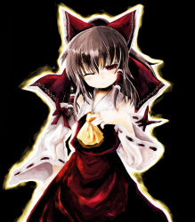 Rule 34 | 1girl, ascot, black background, bow, brown hair, cowboy shot, detached sleeves, female focus, hakurei reimu, highres, long sleeves, looking at viewer, red bow, red skirt, ribbon-trimmed sleeves, ribbon trim, short hair, simple background, skirt, solo, touhou