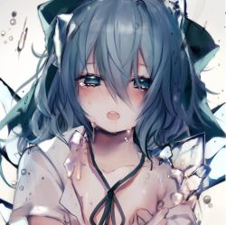 Rule 34 | 1girl, bad id, bad twitter id, blue bow, blue eyes, blue hair, bow, cirno, daimaou ruaeru, hair between eyes, hair bow, highres, ice, ice wings, melting, neck ribbon, ribbon, solo, touhou, upper body, white background, wings