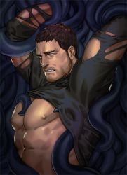 Rule 34 | 1boy, abs, bara, bare pectorals, beard, black shirt, blue eyes, bound, bound arms, brown hair, chris redfield, clenched teeth, facial hair, from side, large pectorals, male focus, mature male, ming-gu (game ming619), muscular, muscular male, nipples, pectorals, resident evil, resident evil 5, shirt, short hair, sideburns, solo, stomach, stubble, teeth, tentacles, tentacles on male, tentacles under clothes, torn clothes, torn shirt, upper body