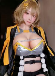 Rule 34 | 1girl, 2023, ahoge, anis (nikke), anis (nikke) (cosplay), bandolier, black jacket, black shorts, blurry, blurry background, blush, breasts, brown hair, chain, cleavage, collarbone, commentary, cosplay, crop top, female focus, goddess of victory: nikke, hair between eyes, hair ornament, head tilt, highres, himeko074, indoors, jacket, japanese (nationality), large breasts, midriff, multicolored clothes, multicolored jacket, navel, open clothes, open jacket, orange jacket, real life, red lips, shirt, short hair, shorts, sitting, smile, solo, two-tone jacket, yellow eyes