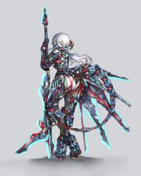 Rule 34 | 1girl, absurdres, armor, ass, blue eyes, bodysuit, commentary, english commentary, full body, grey background, headgear, highres, holding, holding polearm, holding spear, holding weapon, hyemalequisetum, long hair, looking at viewer, looking back, mask, mecha musume, mechanical tail, neon trim, original, planted, polearm, solo, spear, standing, tail, weapon, white hair