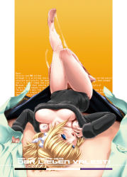 Rule 34 | 10s, 1girl, altrene, barefoot, blonde hair, blue eyes, breasts, busou shinki, covered erect nipples, cum, cum on body, cum on lower body, doll joints, downblouse, english text, feet, joints, large breasts, lying, mini person, minigirl, miss black, naked sweater, open clothes, penis, precum, solo focus, sweater, unbuttoned, upside-down