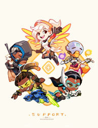 Rule 34 | 1boy, 3girls, :d, ^ ^, ana (overwatch), arm up, artist name, beige background, black gloves, black hair, blonde hair, chibi, cloak, closed eyes, closed mouth, cup, dark skin, english text, floating, floating object, full body, gloves, goggles, grey hair, greyscale, grin, headgear, headphones, holding, holding cup, hood, hooded cloak, long hair, looking at viewer, lucio (overwatch), machinery, mechanical wings, mercy (overwatch), monochrome, multiple girls, old, old woman, onemegawatt, open mouth, overwatch, overwatch 1, ponytail, robot, round teeth, saucer, simple background, smile, symmetra (overwatch), tea, teacup, teeth, thighhighs, visor, waving, weapon, white gloves, wings, zenyatta (overwatch)