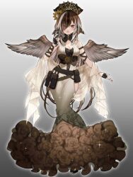 Rule 34 | 1girl, arm ribbon, belt, belt pouch, bicorne, black belt, black collar, black footwear, black gloves, black hat, black ribbon, breasts, brown dress, brown hair, cleavage, collar, dairoku ryouhei, dress, eleanor victoria, eyes visible through hair, feathered wings, fingerless gloves, floral print, gear hat ornament, gear print, gears, gloves, gradient background, gradient dress, grey background, grey wings, hair over one eye, half gloves, halter dress, halterneck, hat, hat ornament, head wings, hip vent, holding, holding microphone, knees together feet apart, long hair, looking at viewer, medium breasts, mermaid dress, microphone, multicolored hair, nail polish, open mouth, pouch, red eyes, red nails, ribbon, shawl, shoes, sideless outfit, solo, sparkle, standing, streaked hair, underbust, vintage microphone, white dress, white hair, white shawl, wings, ybs pbw