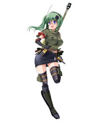 Rule 34 | 1girl, ammunition, black gloves, black thighhighs, blue eyes, blush, boots, breasts, earrings, elbow gloves, full body, glasses, gloves, green hair, highres, jagdpanther, jewelry, large breasts, miki purasu, military, military uniform, military vehicle, miniskirt, motor vehicle, open mouth, original, personification, shell (projectile), side ponytail, simple background, skirt, smile, solo, tank, tank destroyer, tank turret, thighhighs, uniform, white background, world of tanks, zettai ryouiki