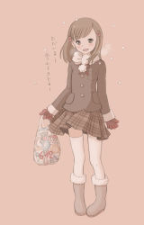 Rule 34 | 1girl, bag, blush, boots, breath, brown eyes, brown footwear, brown hair, brown jacket, brown skirt, cherry hair ornament, commentary request, food-themed hair ornament, fur-trimmed boots, fur trim, gloves, hair ornament, head tilt, holding, holding bag, jacket, kokudou juunigou, long sleeves, original, plaid, plaid skirt, plastic bag, pleated skirt, red gloves, scarf, shopping bag, skirt, snowing, solo, standing, thighhighs, translation request, white scarf, white thighhighs