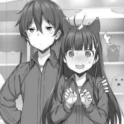 1boy 1girl animal_ears blush cat_ears claw_pose commentary_request double-parted_bangs full-face_blush greyscale hair_between_eyes hand_on_another&#039;s_arm hands_up highres irido_mizuto irido_yume jacket kemonomimi_mode long_hair looking_at_viewer mamahaha_no_tsurego_ga_moto_kano_datta monochrome novel_illustration official_art open_mouth short_hair takayaki track_jacket v-shaped_eyebrows wide-eyed wing_collar