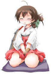 Rule 34 | 1girl, ahoge, anbee (arary), black socks, blush, brown gloves, brown hair, embarrassed, closed eyes, female focus, folded ponytail, full body, gloves, green ribbon, hair ornament, hair ribbon, hakama, hakama short skirt, hakama skirt, have to pee, japanese clothes, kantai collection, kasuga maru (kancolle), kneehighs, open mouth, own hands together, peeing, peeing self, ribbon, seiza, simple background, single glove, sitting, skirt, socks, solo, tears, v arms, white background
