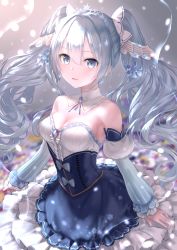 Rule 34 | 1girl, armpits, bare shoulders, blue bow, blue dress, blue eyes, blue hair, blurry, blurry background, blush, bow, breasts, cleavage, commentary, detached collar, detached sleeves, dress, earrings, fortissimo, frilled dress, frills, fur trim, gem, hair between eyes, hair ornament, hairband, hatsune miku, highres, jewelry, juliet sleeves, kachayori, long hair, long sleeves, looking at viewer, medium breasts, musical note, musical note hair ornament, open mouth, petticoat, puffy sleeves, smile, snow, snowflake print, snowflakes, solo, standing, strapless, tiara, twintails, very long hair, vocaloid, yuki miku