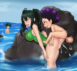Rule 34 | 1girl, 2boys, aaaninja, asui tsuyu, beach, boku no hero academia, clothed female nude male, clothed sex, cum, cum in pussy, dark green hair, doggystyle, ejaculation, grabbing, grabbing from behind, green eyes, highres, huge penis, long hair, looking at viewer, midoriya izuku, mineta minoru, multiple boys, nude, open mouth, penis, rock, sex, sex from behind, short hair, size difference, stealth sex, surprised, swimsuit, testicles, tongue, tongue out, twintails, vaginal, veins, veiny penis, water