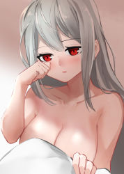 Rule 34 | 1girl, absurdres, ao oni (onioni-aoi), arknights, blush, breasts, collarbone, commentary request, highres, large breasts, long hair, looking at viewer, nude, parted lips, red eyes, silver hair, skadi (arknights), solo, upper body