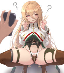 Rule 34 | 1girl, 1other, 2 (ninininni), ?, azur lane, blonde hair, boots, breast zipper, breasts, brown thighhighs, commission, cosplay, crotch zipper, double v, hair between eyes, high heels, highres, hypnosis, implacable (azur lane), italian flag, large breasts, leonardo da vinci (azur lane), leonardo da vinci (azur lane) (cosplay), long hair, looking at viewer, mind control, navel, pixiv commission, pov, pov hands, red eyes, simple background, thigh boots, thighhighs, v, very long hair, white background, zipper