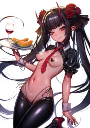 Rule 34 | 1girl, :q, black hair, breasts, commission, cup, drinking glass, eatora, flower, food, fruit, hair flower, hair ornament, heart pasties, high heels, highleg, highleg panties, highres, horns, latex, latex legwear, leaning back, leotard, long hair, looking at viewer, medium breasts, melon, melon slice, meme attire, navel, necktie, oni, oni horns, original, panties, pasties, playboy bunny, pointy ears, red eyes, red necktie, red wine, reverse bunnysuit, reverse outfit, rose, seductive smile, skeb commission, smile, string panties, tongue, tongue out, tray, twintails, underwear, very long hair, wine, wine glass, wrist cuffs