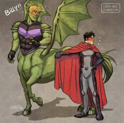 Rule 34 | 2boys, bad id, bad tumblr id, bara, black hair, blonde hair, blush, bodysuit, bulge, cape, centauroid, colored skin, couple, covered abs, covered navel, cris art, dragon wings, full body, green skin, grey bodysuit, hulkling, large pectorals, male focus, marvel, monsterification, multiple boys, muscular, muscular male, pectorals, red cape, short hair, sideburns, standing, taur, wiccan, wings, yaoi