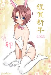 Rule 34 | 1girl, 2023, absurdres, animal ears, bare shoulders, blush, bow, bowtie, breasts, chinese zodiac, closed mouth, collar, ear covers, egasumi, embarrassed, floral print, full body, gloves, hanafuda (hanafuda0116), happy new year, highres, horse ears, horse girl, horse tail, leotard, light frown, long bangs, looking at viewer, narita taishin (umamusume), nengajou, new year, pink bow, pink bowtie, playboy bunny, short hair, sitting, small breasts, solo, strapless, strapless leotard, tail, thighhighs, translated, twitter username, umamusume, wariza, white collar, white gloves, white leotard, white thighhighs, wing collar, year of the rabbit