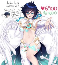Rule 34 | 2boys, absurdres, androgynous, annidrw, black hair, blue eyes, blue hair, blue nails, braid, bridal gauntlets, capelet, chest tattoo, commentary, crop top, elbow gloves, english commentary, feathered wings, genshin impact, gloves, gold trim, gradient hair, hand on own chest, highres, hood, hooded capelet, leg tattoo, male focus, meme, multicolored hair, multiple boys, nail polish, official alternate costume, shirt, short hair with long locks, shorts, single thighhigh, solo focus, tattoo, thighhighs, twin braids, twitter strip game (meme), venti (archon) (genshin impact), venti (genshin impact), white gloves, white shirt, white shorts, white wings, wings, xiao (genshin impact)