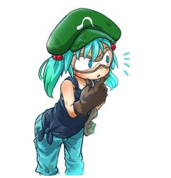 Rule 34 | 1girl, alternate costume, blue eyes, blue hair, chamaji, commentary request, cowboy shot, dirty, dirty clothes, dirty face, gloves, goggles, hair bobbles, hair ornament, hand on own hip, hand on own face, hat, kawashiro nitori, looking to the side, open mouth, pants, shirt, simple background, solo, tank top, tied shirt, touhou, two side up, white background