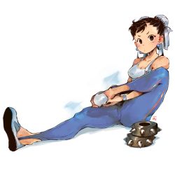 Rule 34 | 1girl, andrewcockroach, black hair, bracelet, bracelet removed, breasts, brown eyes, bun cover, capcom, chun-li, cleavage, double bun, earrings, flats, flexible, full body, hair ribbon, highres, jewelry, long legs, looking at viewer, medium breasts, pants, ribbon, shoes, short hair, sitting, skin tight, sneakers, solo, spiked bracelet, spikes, street fighter, street fighter zero (series), tank top, white background, yoga pants