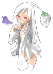 1girl bad_id breasts bud collarbone collared_shirt commentary_request hand_up kei_(keigarou) long_hair long_sleeves lowleg lowleg_panties micro_panties nintendo nipples open_clothes open_shirt panties personification pikmin_(series) poison red-framed_eyewear red_eyes semi-rimless_eyewear shirt simple_background small_breasts solo thighhighs under-rim_eyewear underwear white_background white_hair white_panties white_pikmin white_shirt white_thighhighs