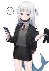 Rule 34 | 1girl, :p, alternate costume, backpack, bag, black jacket, black skirt, blue hair, collared shirt, commentary request, cowboy shot, fins, fish tail, gawr gura, grey vest, highres, holding, holding phone, hololive, hololive english, jacket, long hair, long sleeves, looking at viewer, mask, mask pull, mouth mask, multicolored hair, necktie, open clothes, open jacket, phone, red necktie, shark tail, shirt, silver hair, skirt, solo, spoken expression, standing, streaked hair, syhan, tail, tongue, tongue out, two side up, vest, virtual youtuber, white shirt