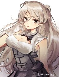 Rule 34 | 1girl, ;d, armpit cutout, blush, breasts, brown eyes, cleavage, cleavage cutout, clothing cutout, conte di cavour (kancolle), conte di cavour nuovo (kancolle), corset, dress, frilled dress, frills, gloves, grey dress, grey hair, highres, kantai collection, large breasts, layered dress, long hair, one eye closed, open mouth, smile, solo, twitter username, two-tone dress, two side up, white background, white dress, white gloves, yukikaze2828